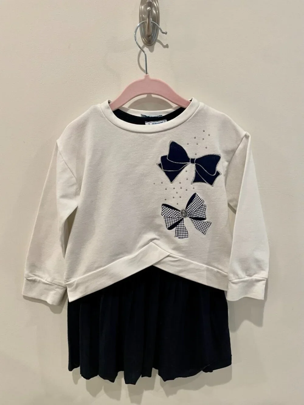 Mayoral Off-White & Navy Blue Bow Sweatshirt Dress Set - Sz 2.